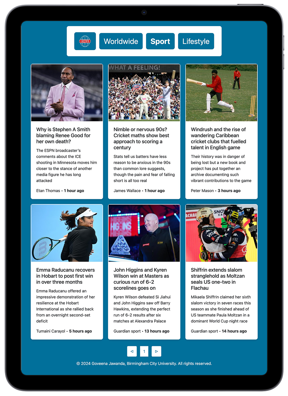 Sports news article grid displayed on a tablet