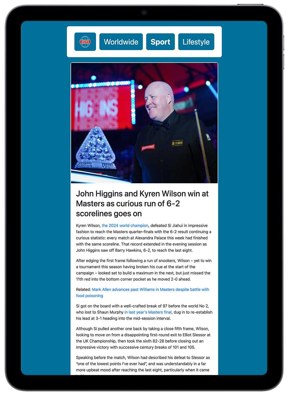 Individual news article displayed on a tablet