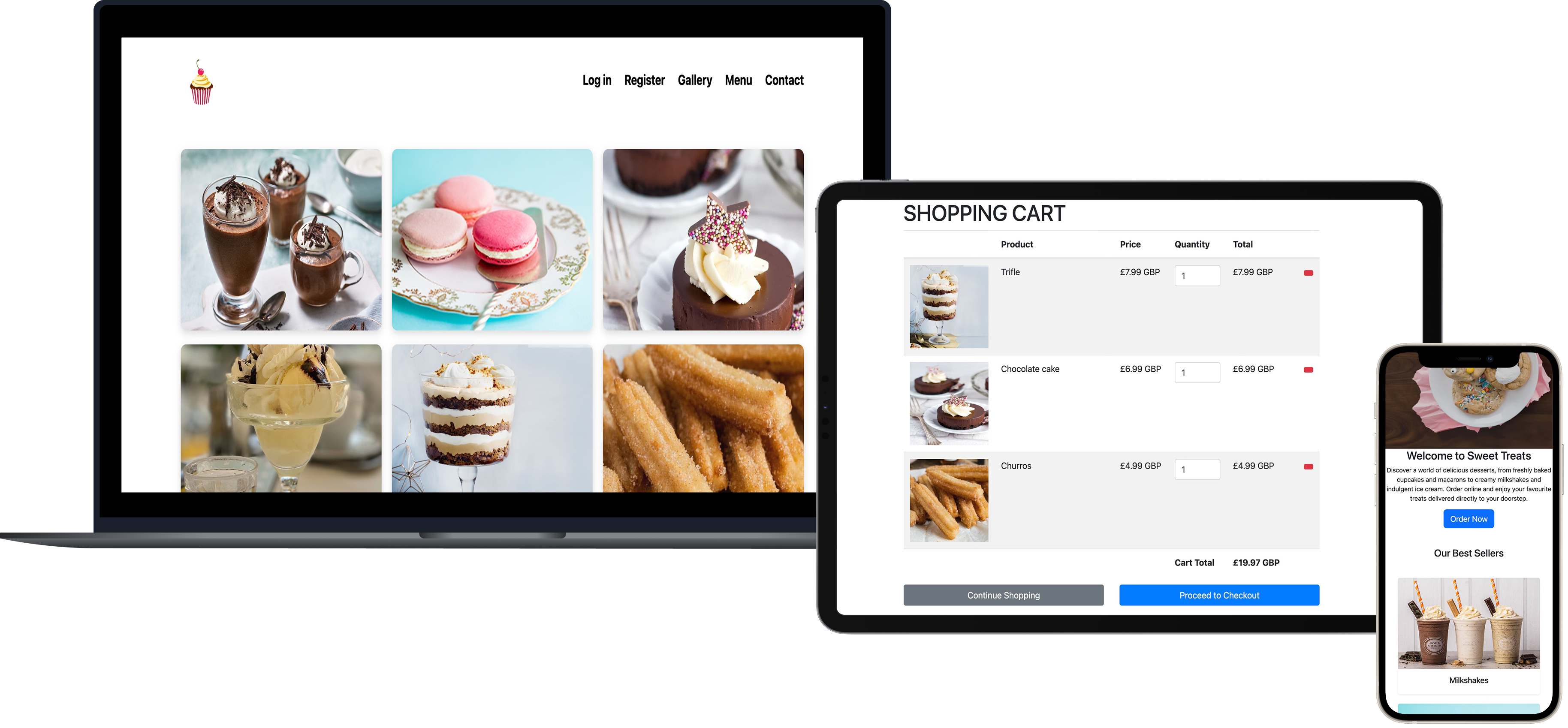 Dessert shop website displayed across desktop, tablet and mobile layouts