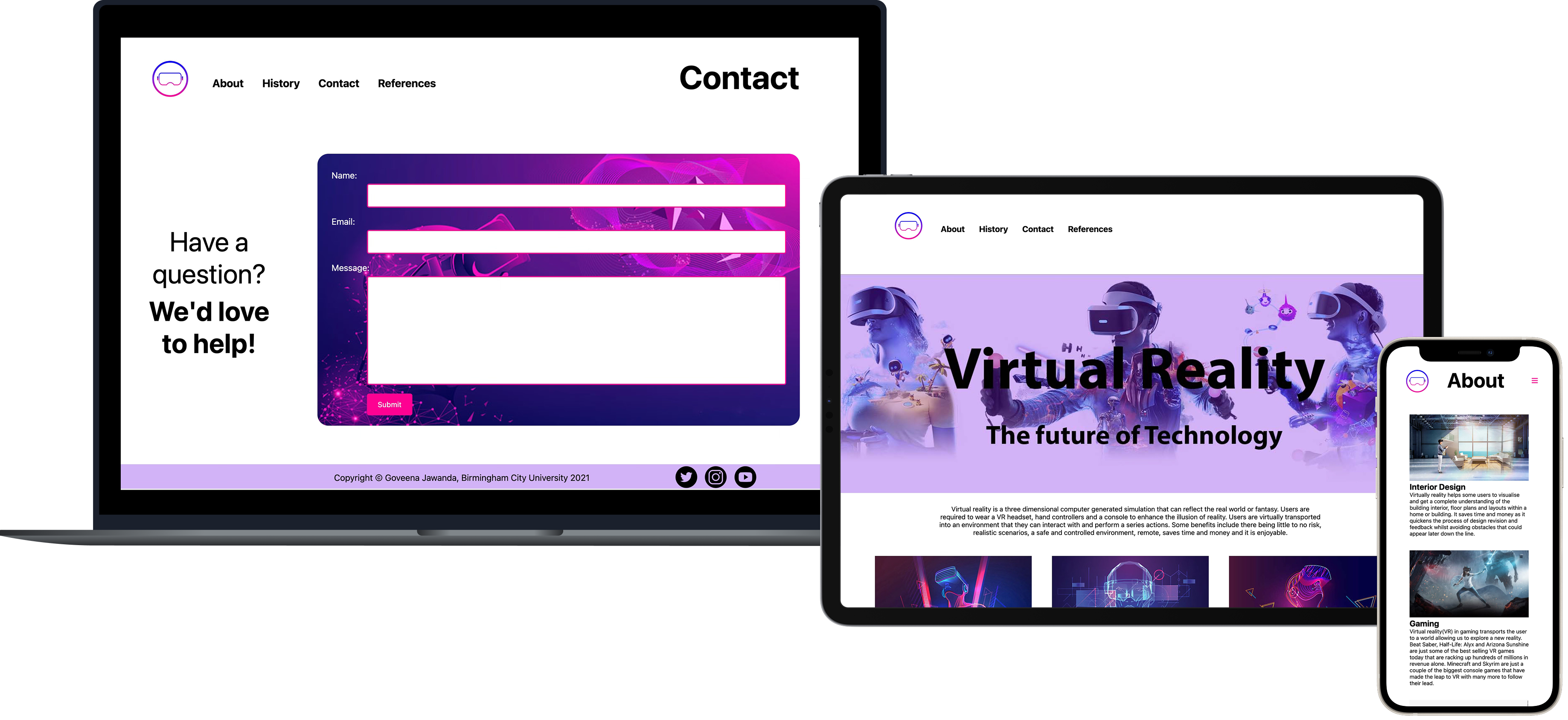 Virtual reality themed website design displayed across multiple screen sizes