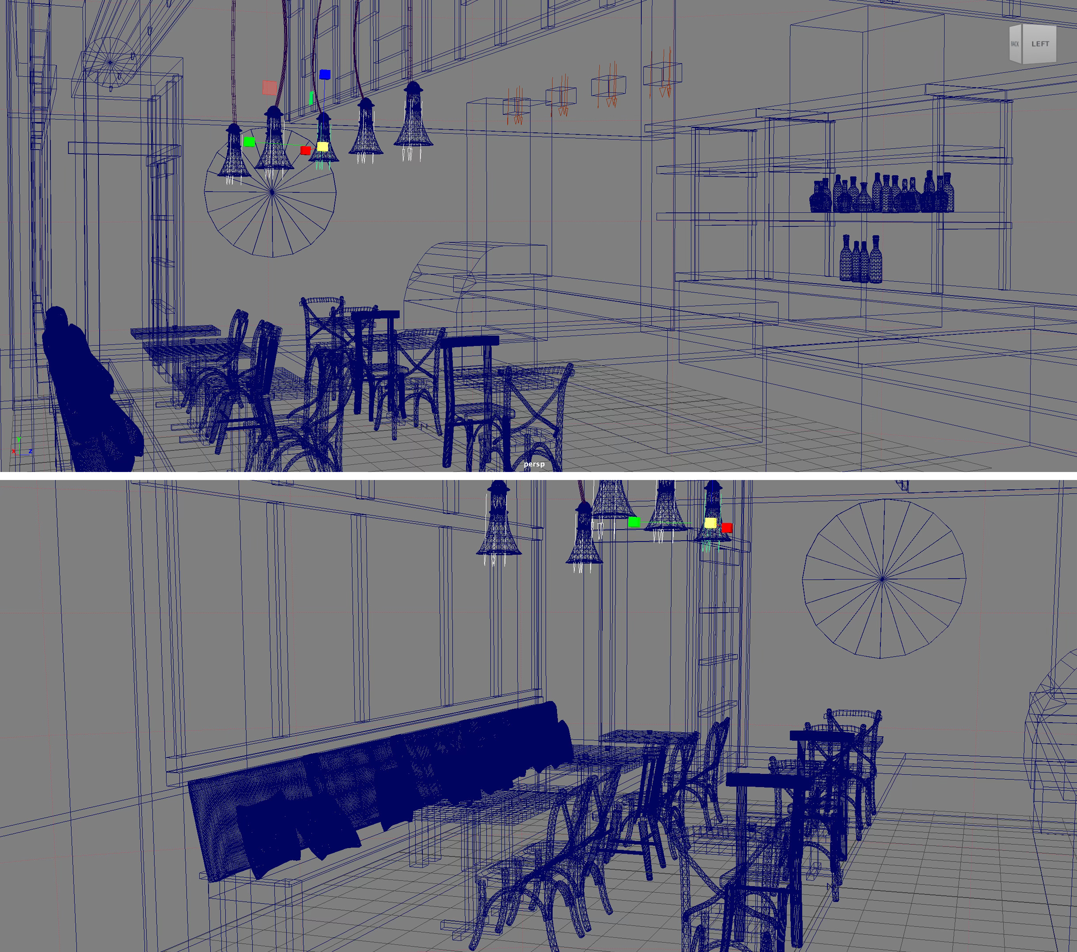 Wireframe views showing the construction of café models