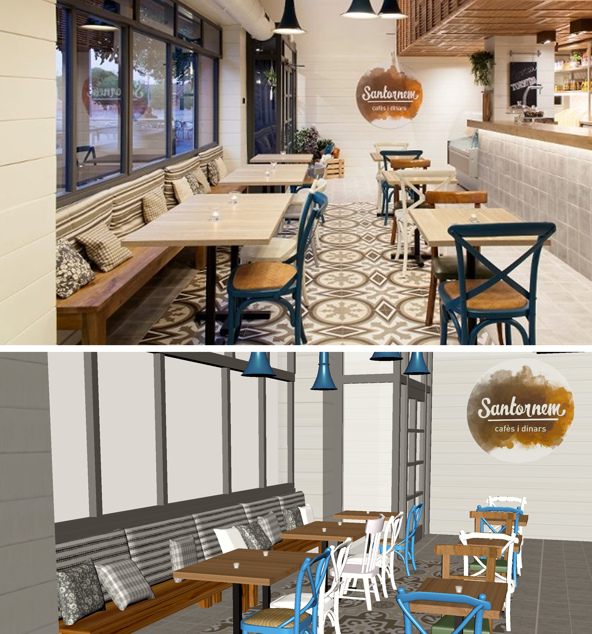 Rendered overview of a detailed 3D café environment