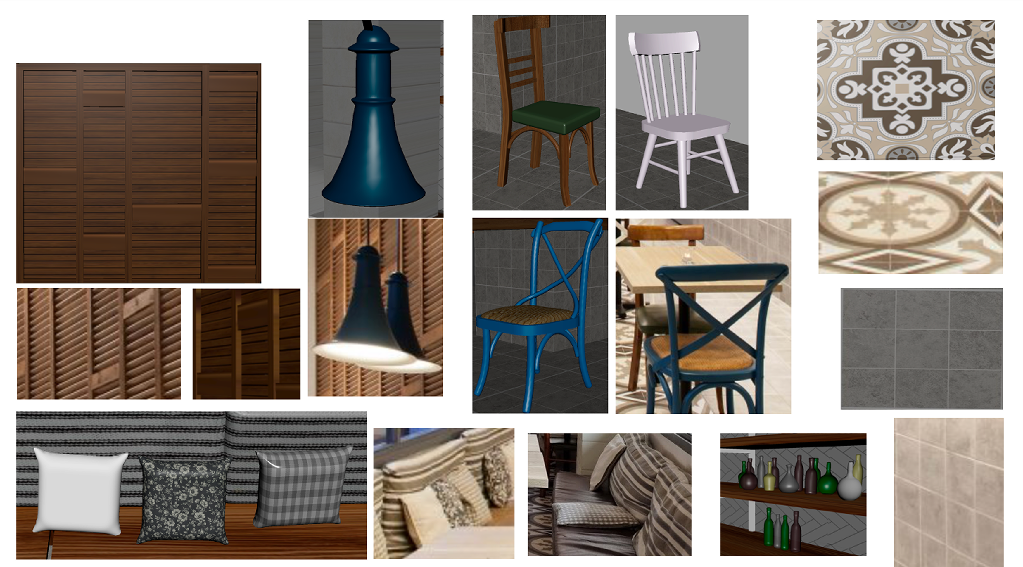 Close-up renders showing materials and surface details in the café model
